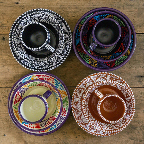 Black Talavera dinnerware set table setting - Mexican pottery