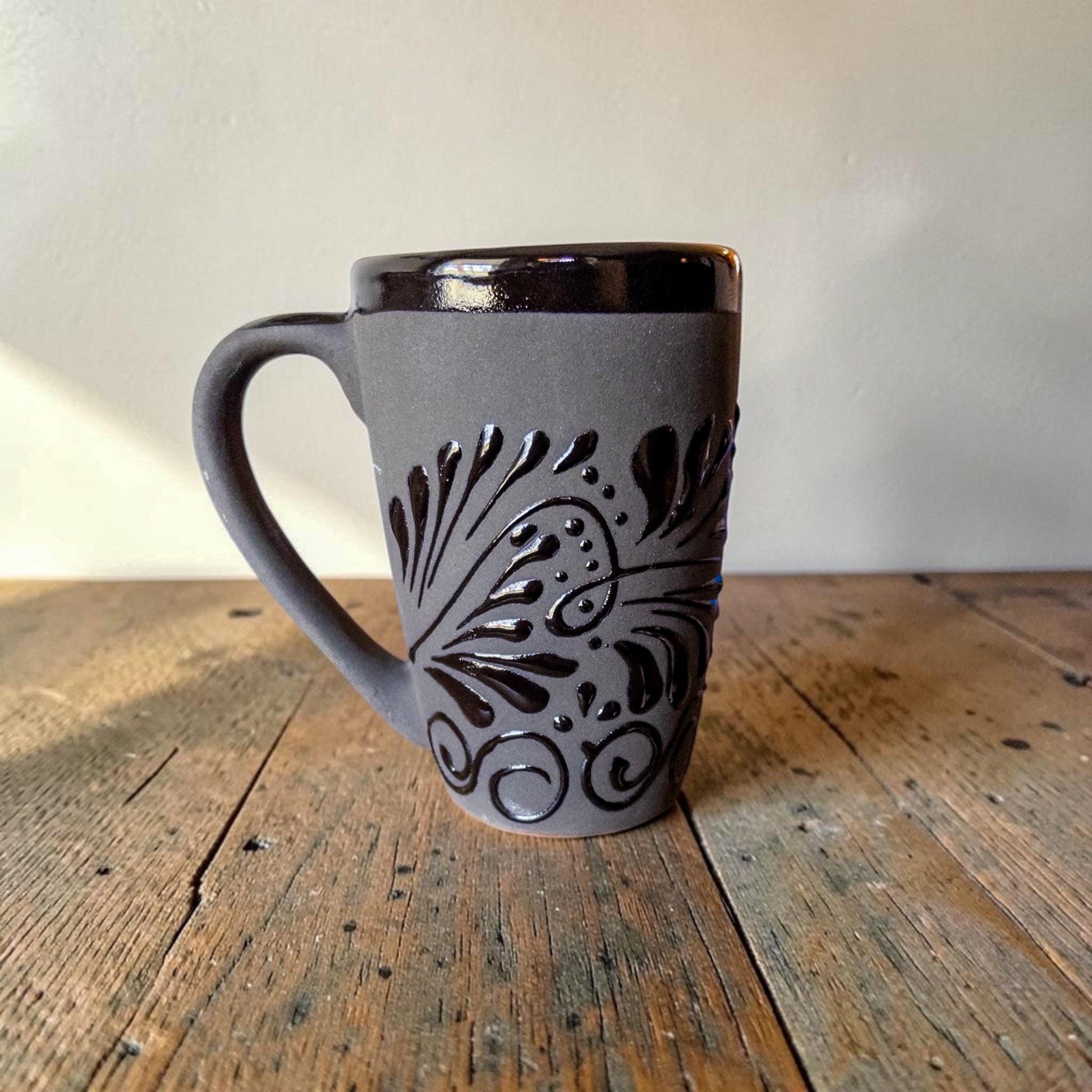 Black Talavera Large Coffee Mug 17 oz - Handmade Mexican Pottery