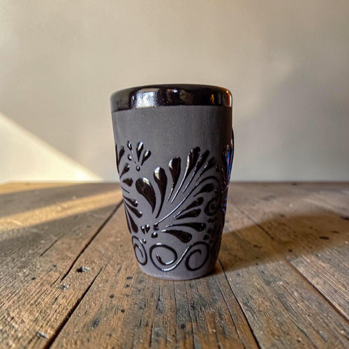 Black Talavera coffee mug side view - Mexican pottery