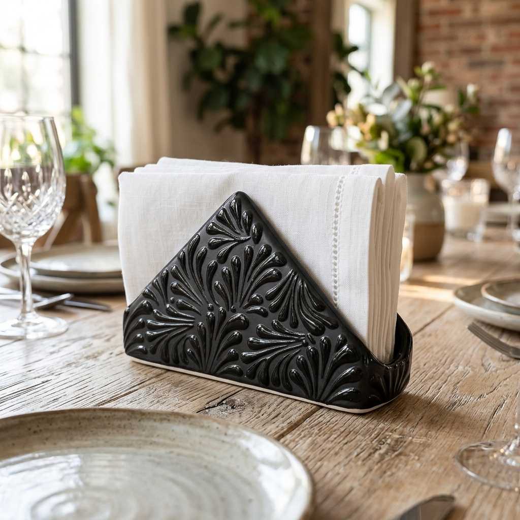 Black Talavera napkin holder hand-painted - Mexican pottery