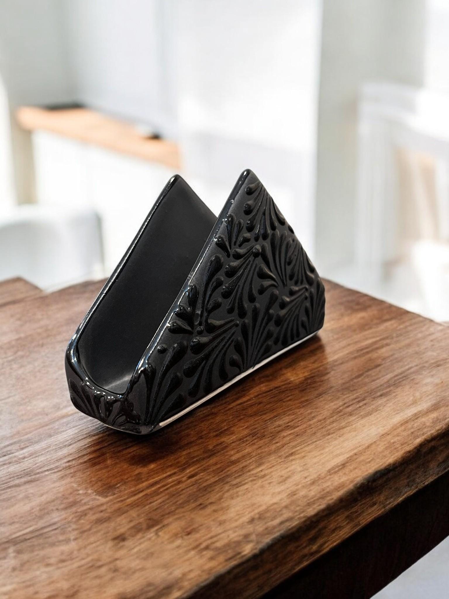 Handmade black Talavera napkin holder detail