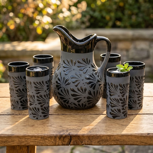 Black Talavera pitcher set with 6 glasses, hand-painted Mexican pottery