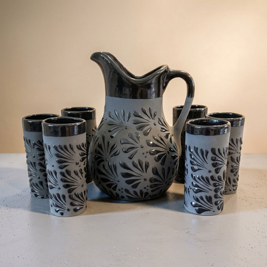 Hand-painted black Talavera pitcher and glasses, handmade Mexican pottery
