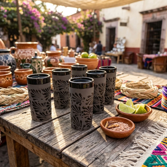 Black-on-black Talavera pitcher set for agua fresca, handmade Mexican pottery