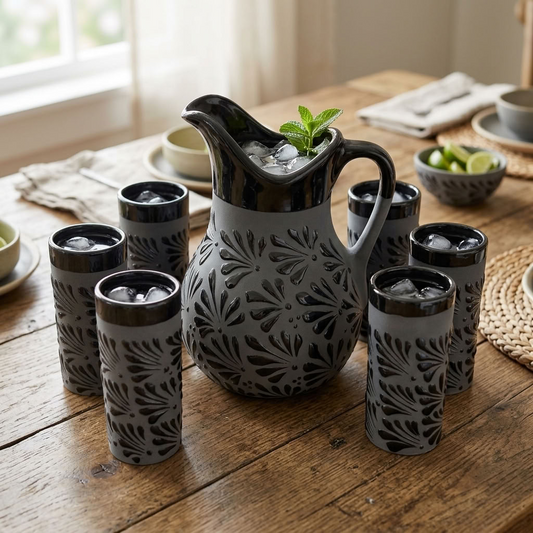 Black Talavera pitcher with matching glasses, hand-painted Mexican folk art