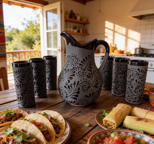 Black Talavera glasses set handmade in Mexico