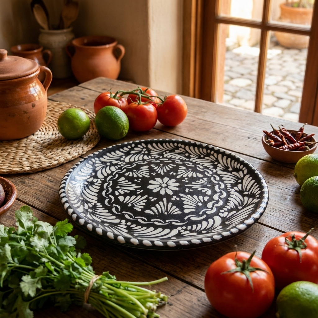 Black Talavera serving plate with hand-painted design, handmade Mexican pottery