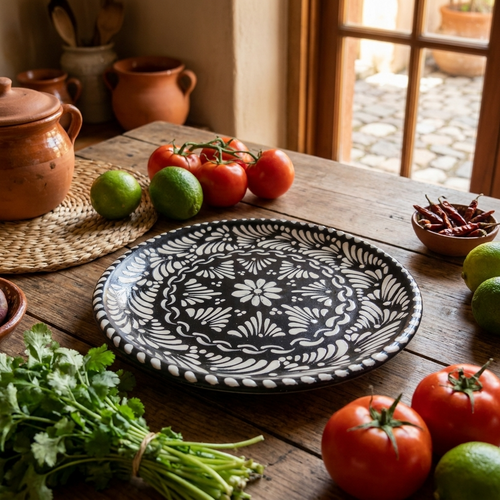 Black Talavera serving plate with hand-painted design, handmade Mexican pottery