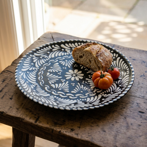 Black Talavera plate detail of hand-painted pattern, handmade Mexican pottery