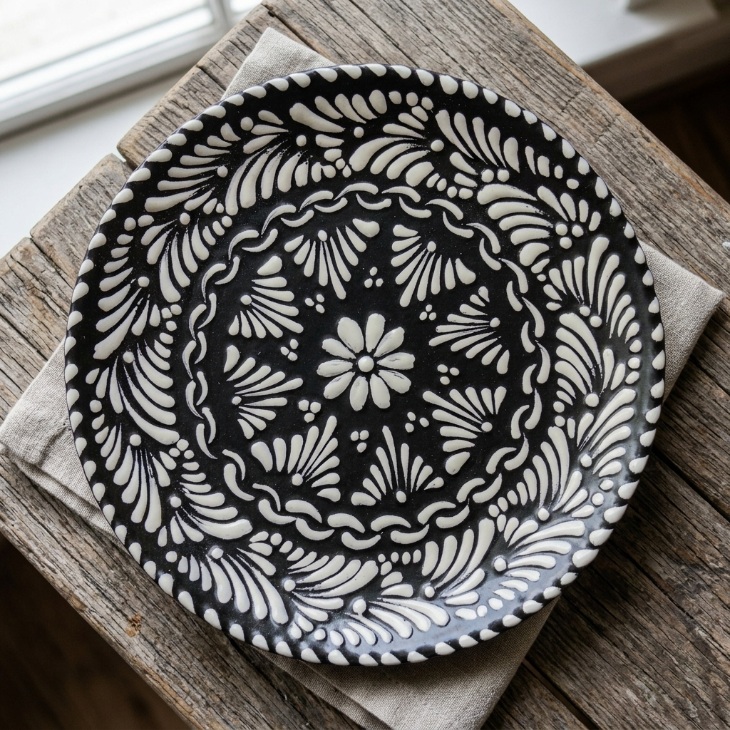 Black Talavera plate hand-painted floral pattern, handmade Mexican pottery