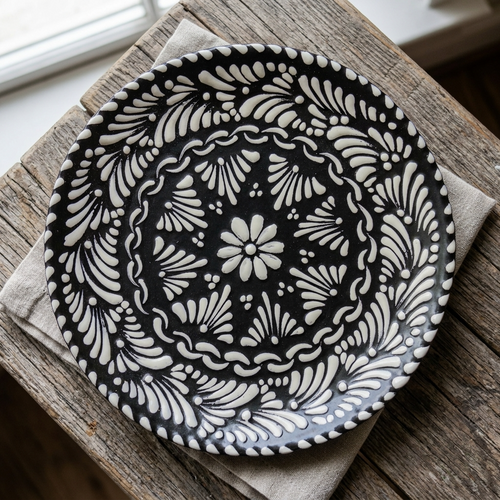 Black Talavera plate hand-painted floral pattern, handmade Mexican pottery