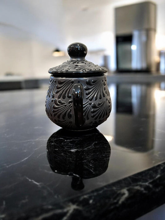 Handmade black Talavera sugar bowl black and white design