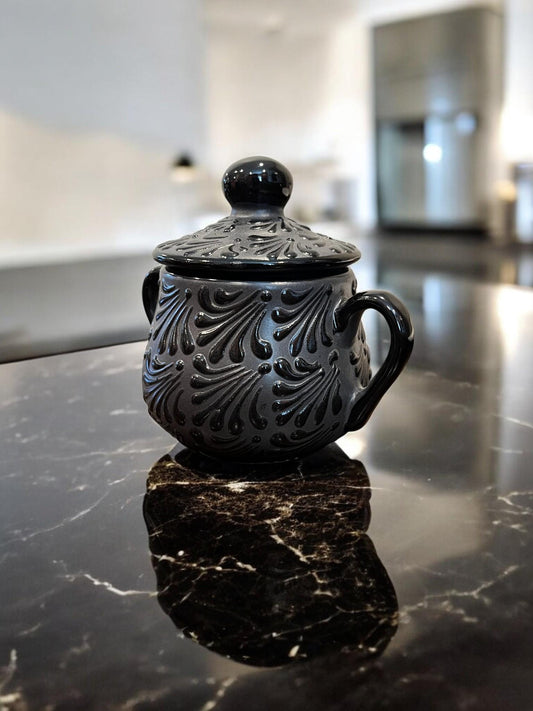Black Talavera sugar bowl with lid open
