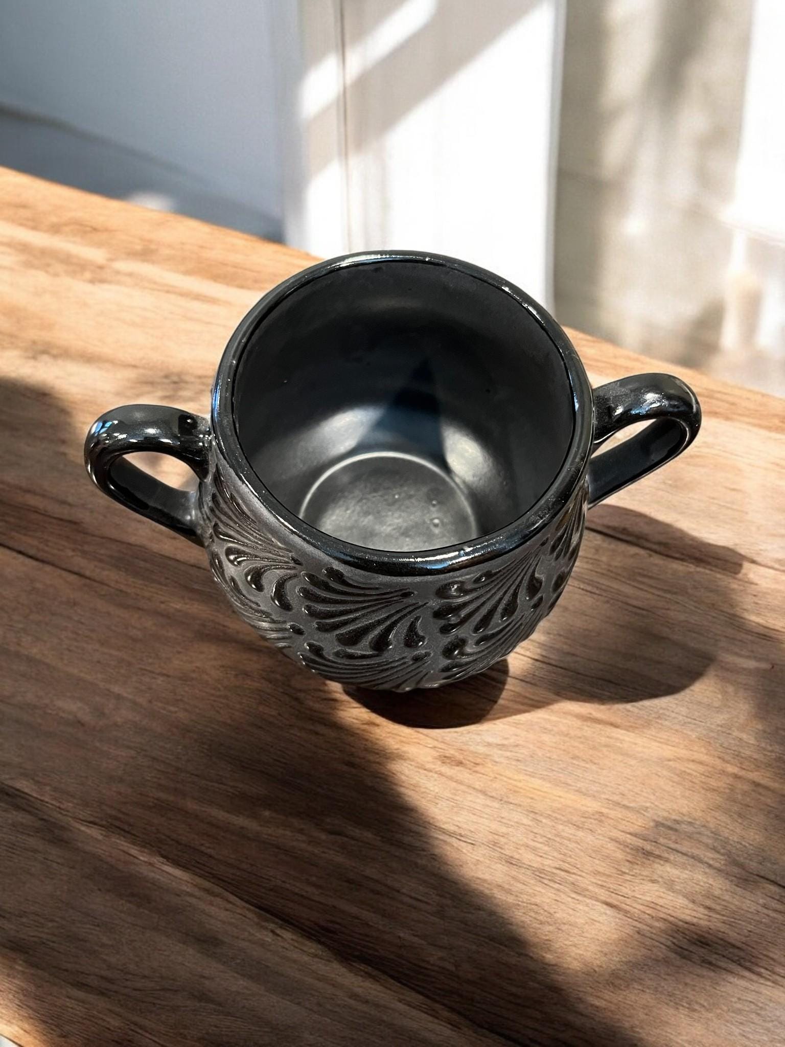Handmade Talavera sugar bowl with handles side view