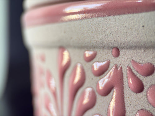 Hand-painted tortilla warmer lid detail - Mexican pottery