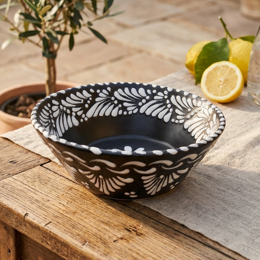 Handmade Black Talavera Serving bowl with a floral design