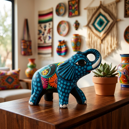 Side view of hand-painted blue alebrije elephant figurine with dotted patterns