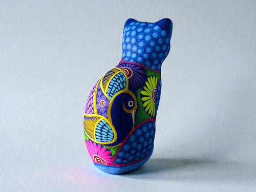 Blue clay cat alebrije with floral and bird design, handmade Mexican folk art figurine