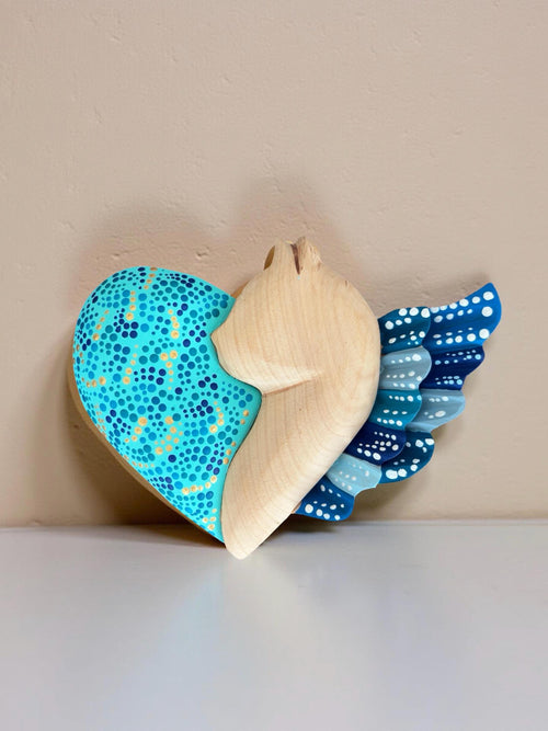 Blue wood cat heart wall art, handcarved Mexican folk art