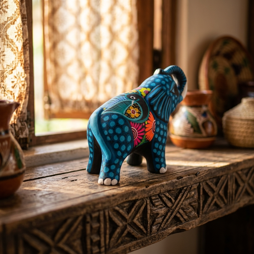 Authentic blue clay elephant alebrije handcrafted in Guanajuato, Mexico