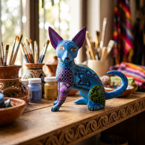 Hand-carved blue dog alebrije, Oaxacan wood Mexican folk art