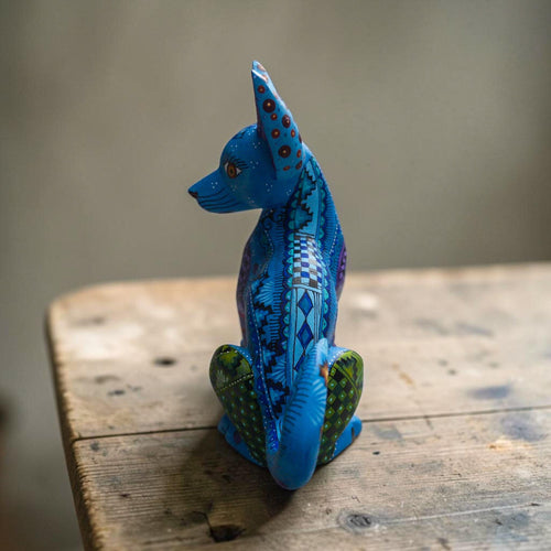 Blue dog alebrije, hand-painted Oaxacan wood folk art