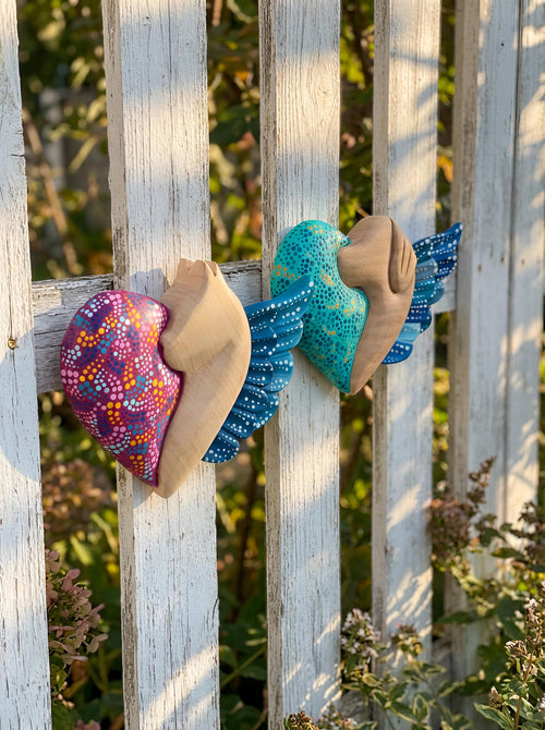Wood dog and cat heart wall art in blue, handcarved Mexican folk art