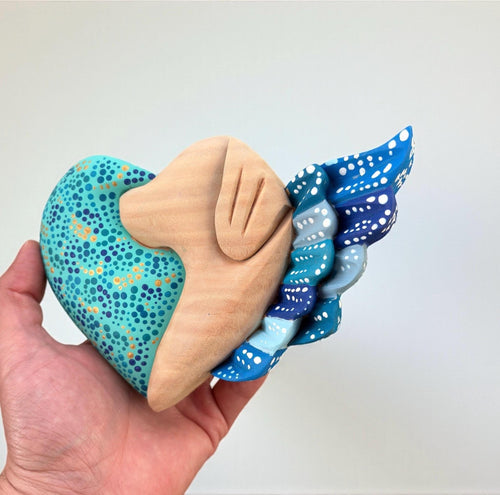 Blue wood dog heart wall art, handcarved Mexican folk art