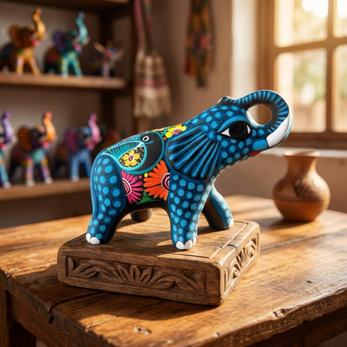 Hand-painted blue clay elephant alebrije with vibrant flowers, collectible Mexican folk art