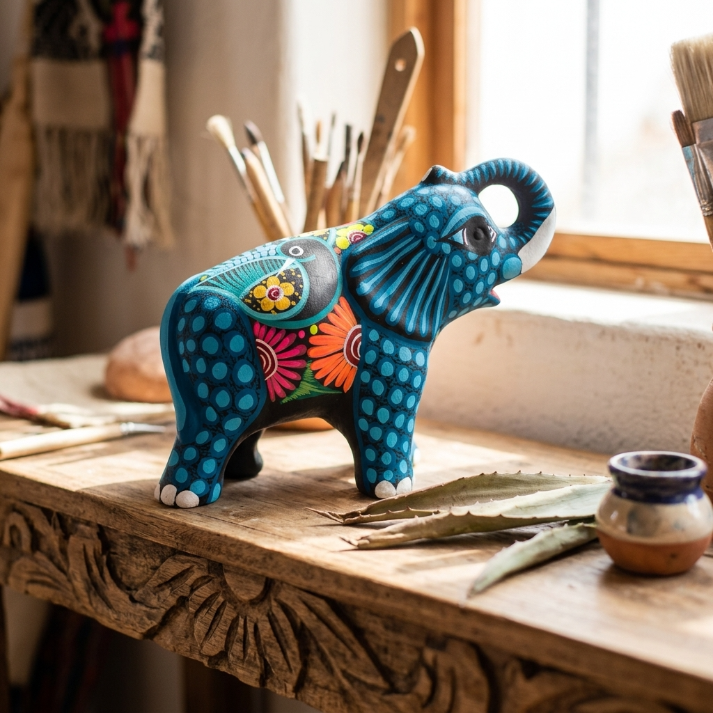 Blue clay elephant alebrije with curled trunk and intricate flower designs, handmade in Mexico