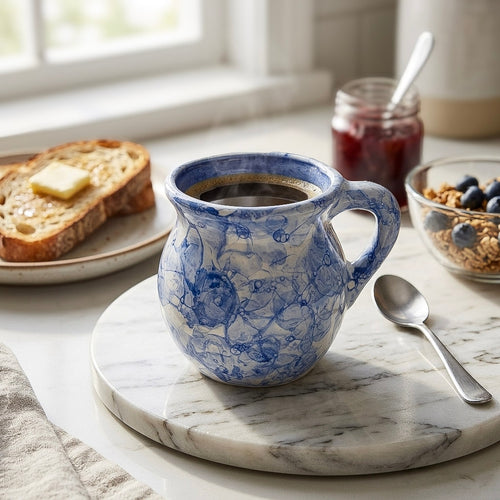 Blue marbled ceramic jarrito mug, handmade lead-free Mexican pottery