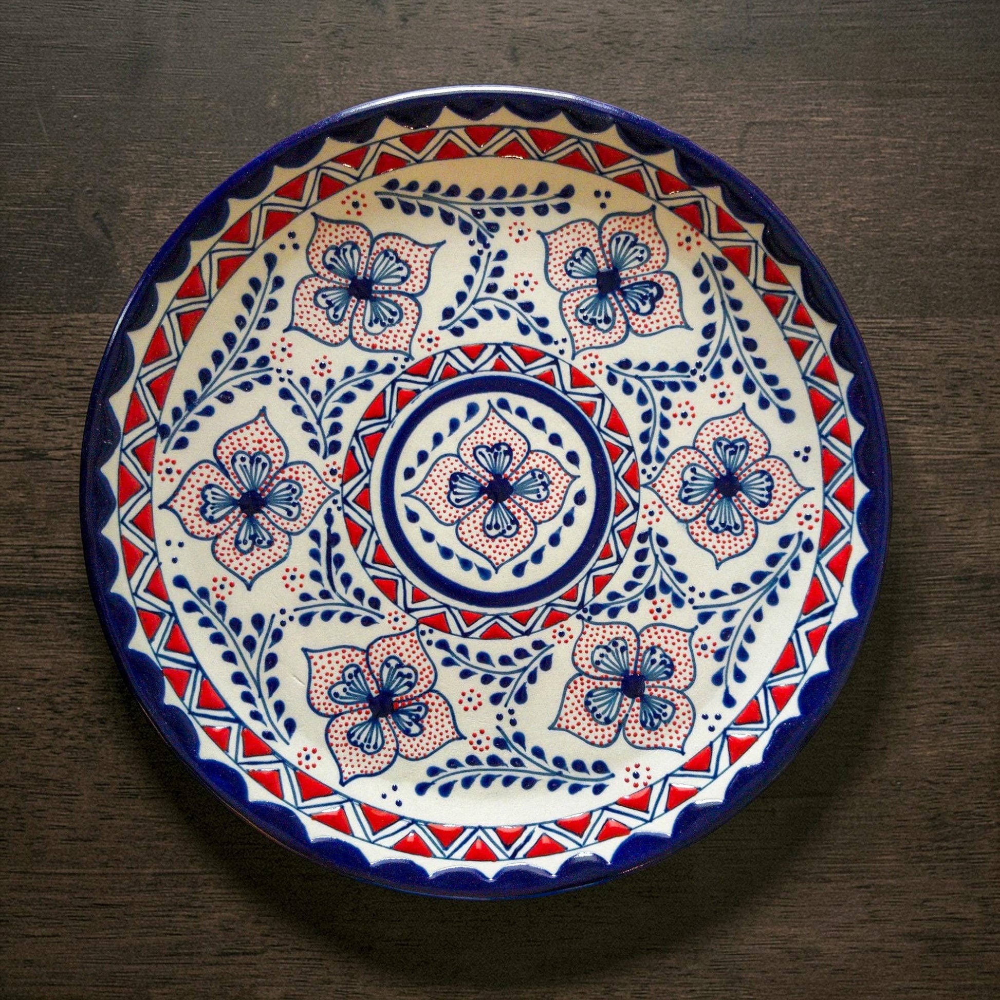 Blue and red stoneware dinner plate handmade Mexican pottery