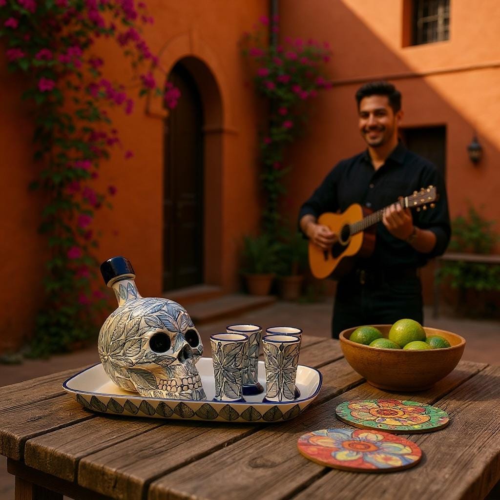 Blue Mexican skull decanter tequila set on a table with a guitarist in a hacienda courtyard, handmade Day of the Dead barware