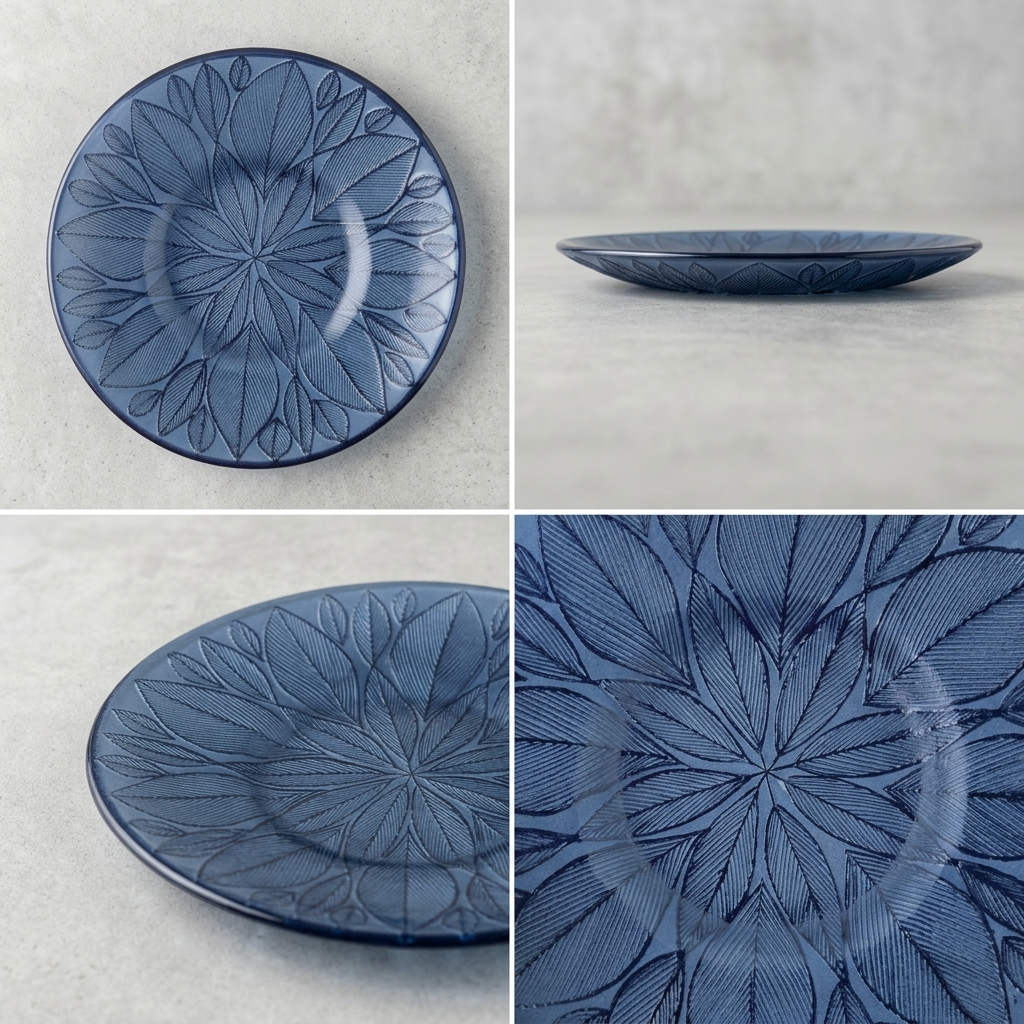 Blue stoneware bowl with leaf design, handmade Mexican ceramic