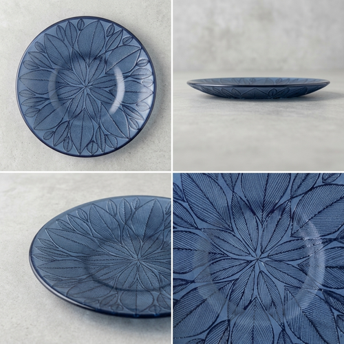 Blue stoneware bowl with leaf design, handmade Mexican ceramic