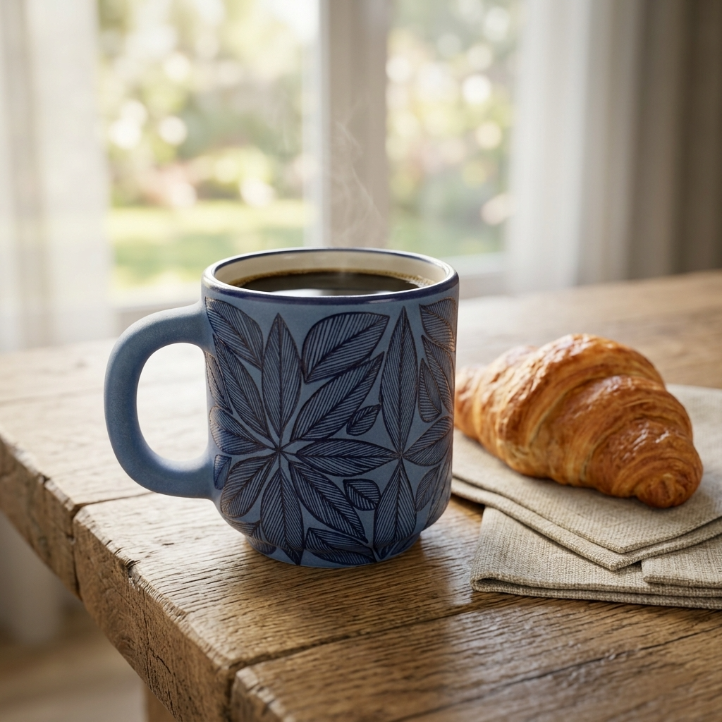 Blue stoneware coffee mug handmade in Mexico with leaf pattern