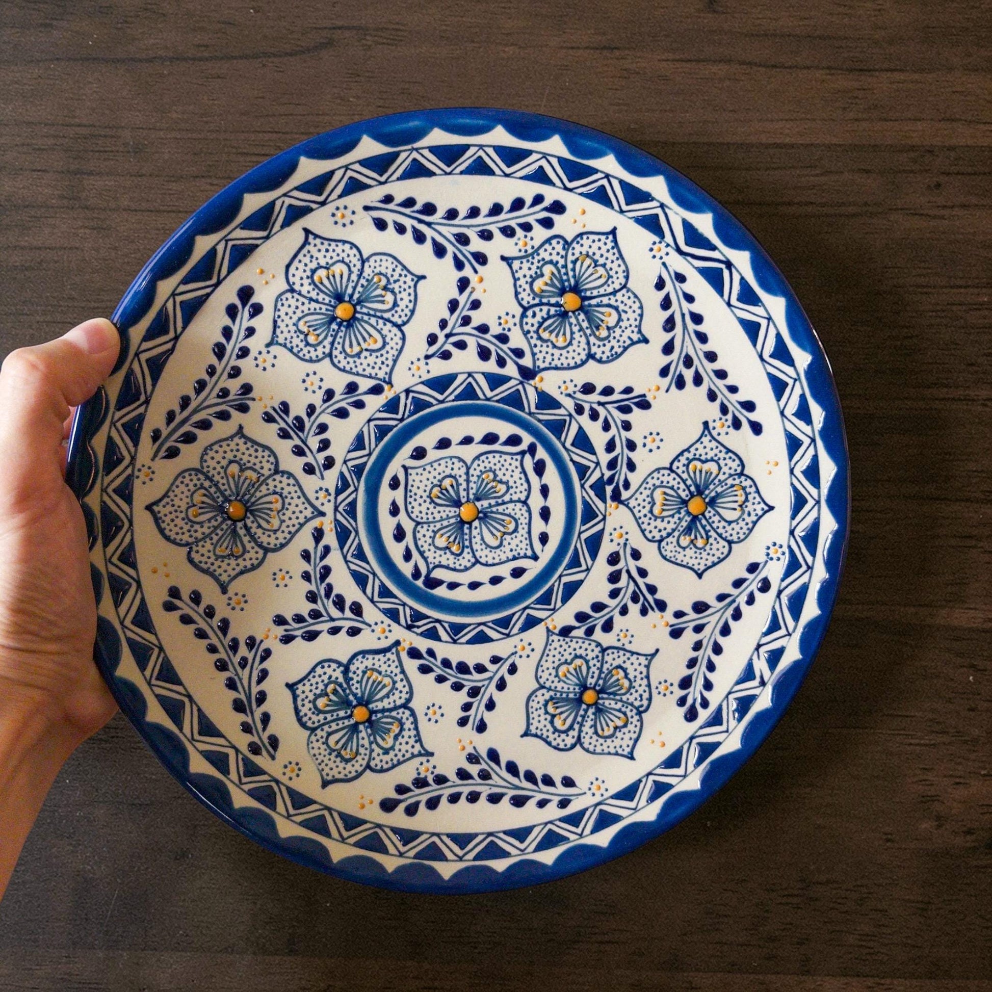 Blue stoneware dinner plate top view handmade
