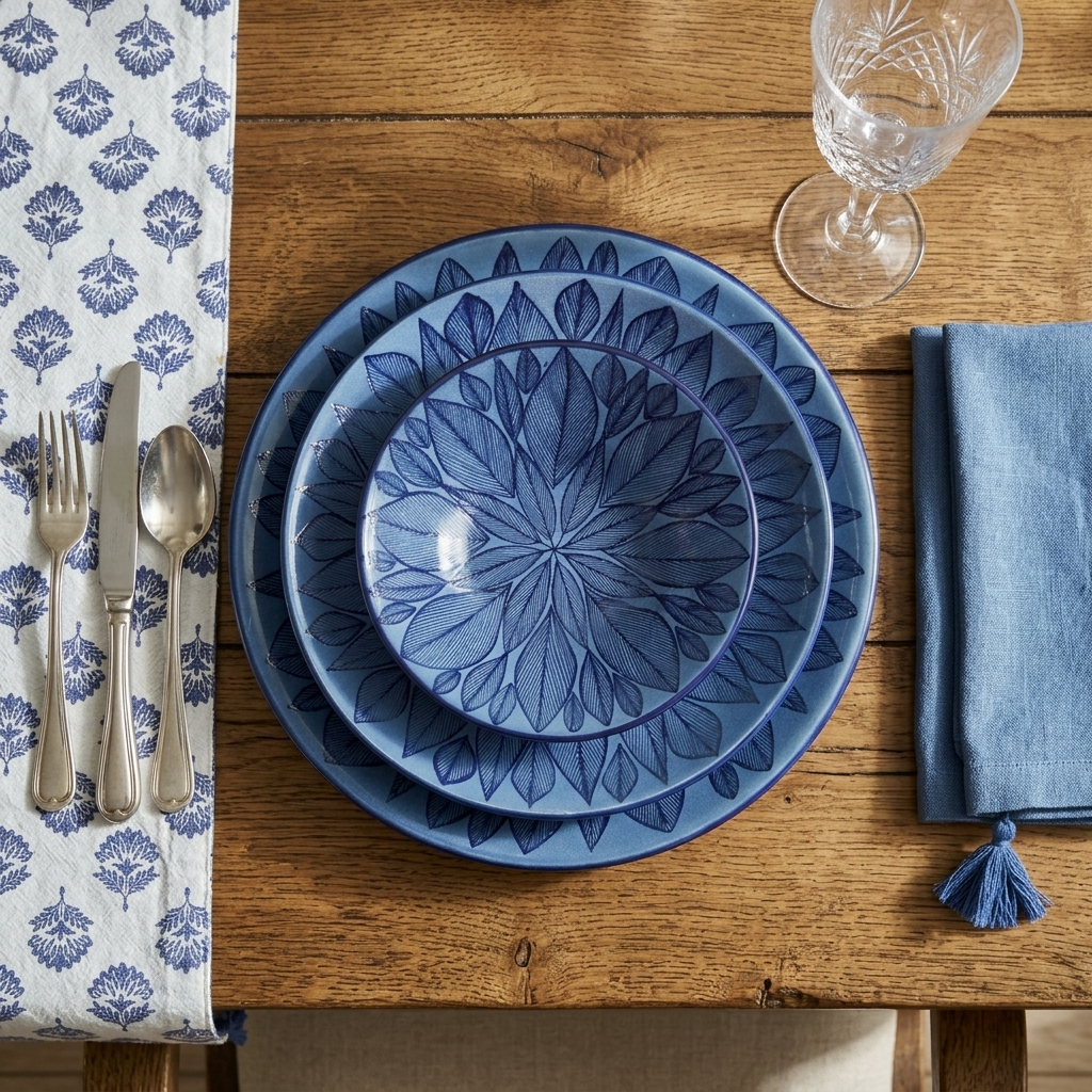 Handmade blue stoneware dinner plate with hand-painted leaf design