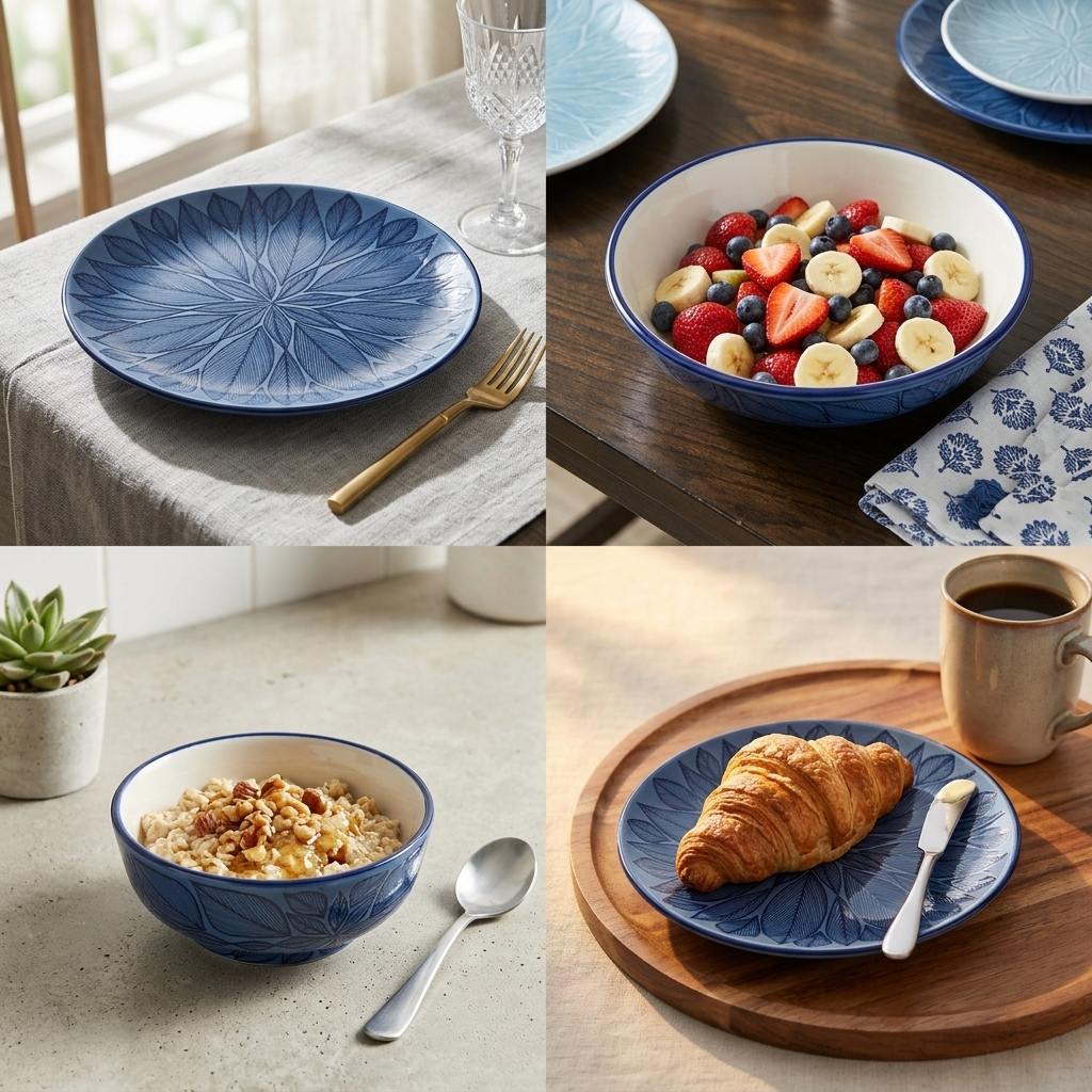Blue handmade stoneware dinnerware set 6-piece with leaf design, Mexican pottery