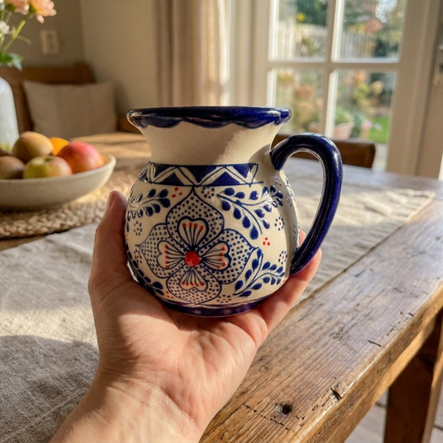 Blue stoneware jarrito coffee mug, hand-painted Mexican pottery