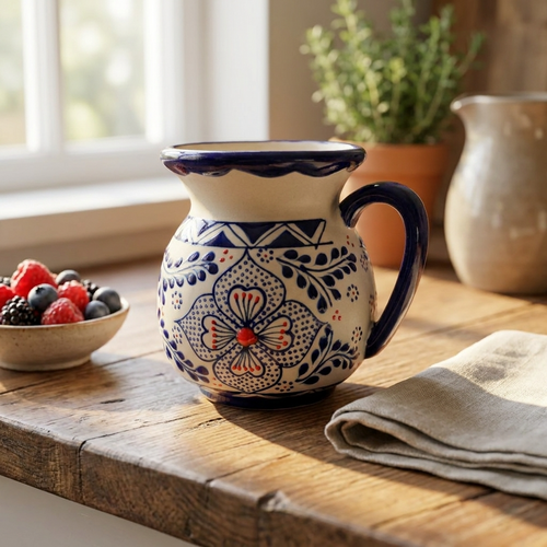 Blue stoneware jarrito mug side view with handle, Mexican pottery
