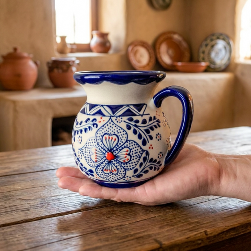 Blue hand-painted stoneware jarrito mug detail, artisan Mexican ceramic