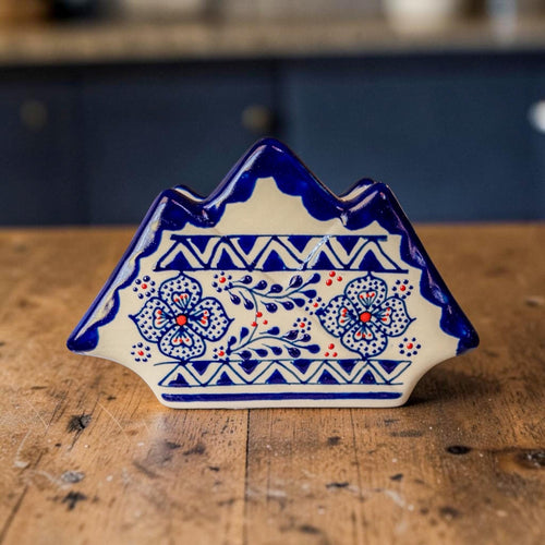 Blue stoneware napkin holder handmade Mexican pottery