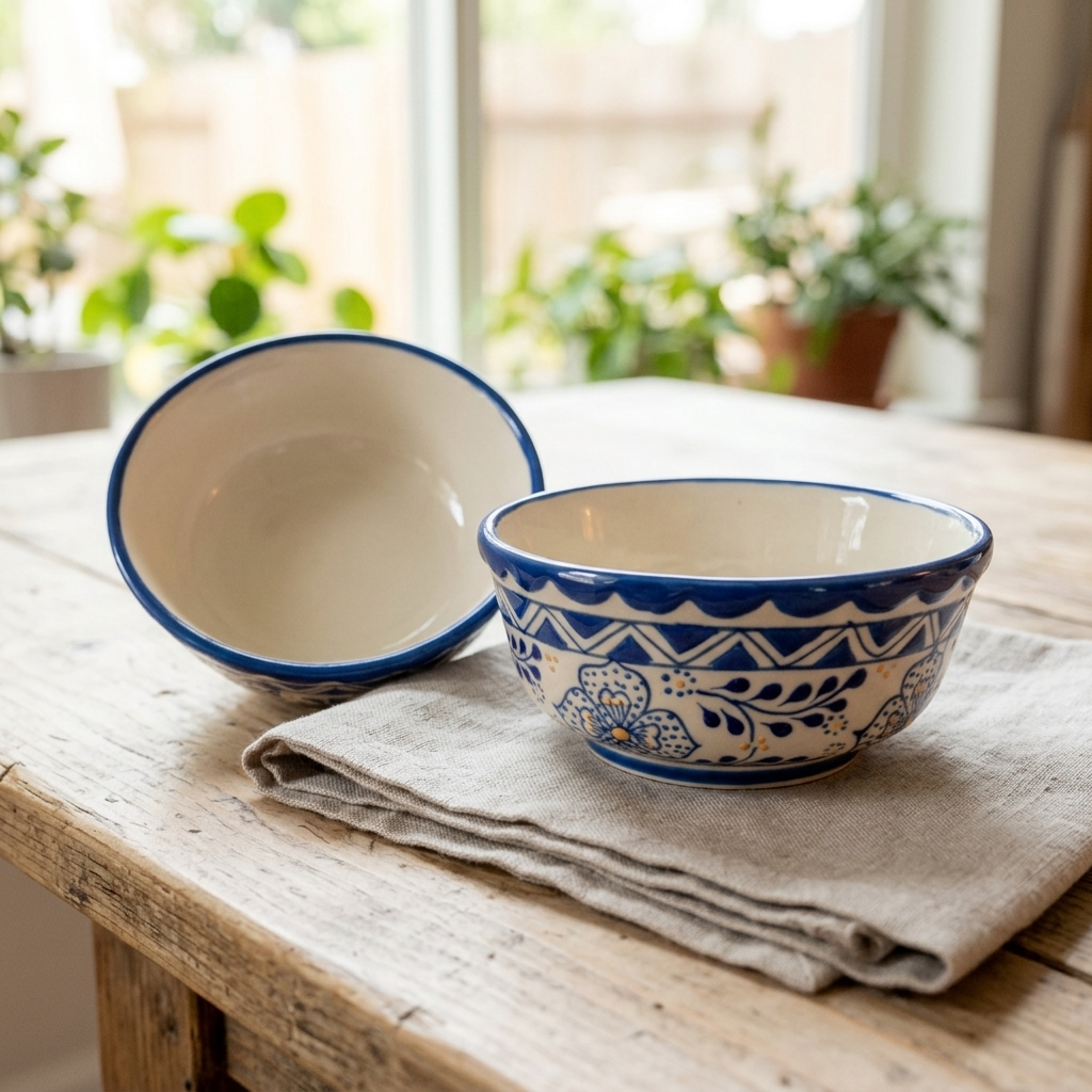 Blue stoneware serving bowls showing interior, handmade Mexican pottery