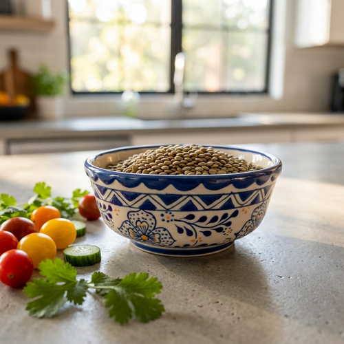 Blue stoneware serving bowl with lentils, handmade Mexican pottery