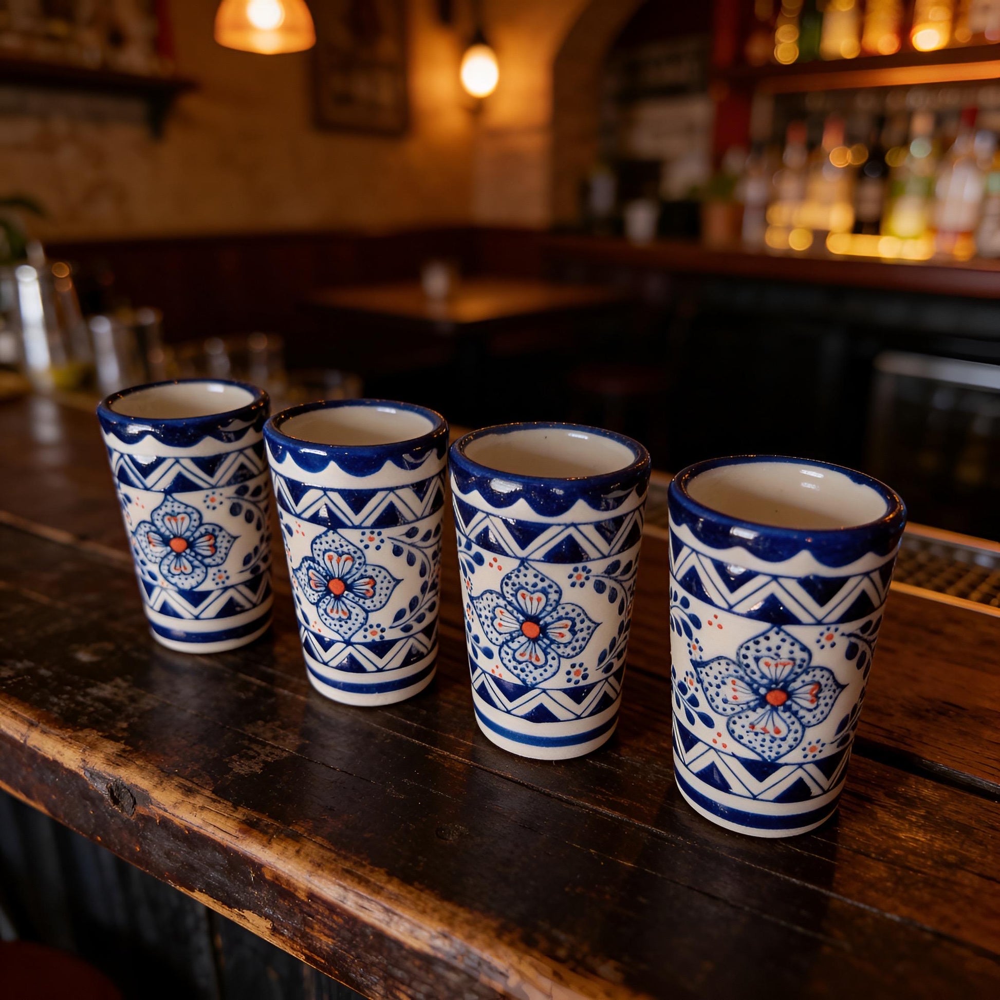 Blue stoneware shot glasses 4 set handmade Mexican pottery