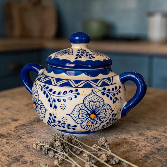 Blue Talavera stoneware sugar bowl with lid - handmade Mexican pottery