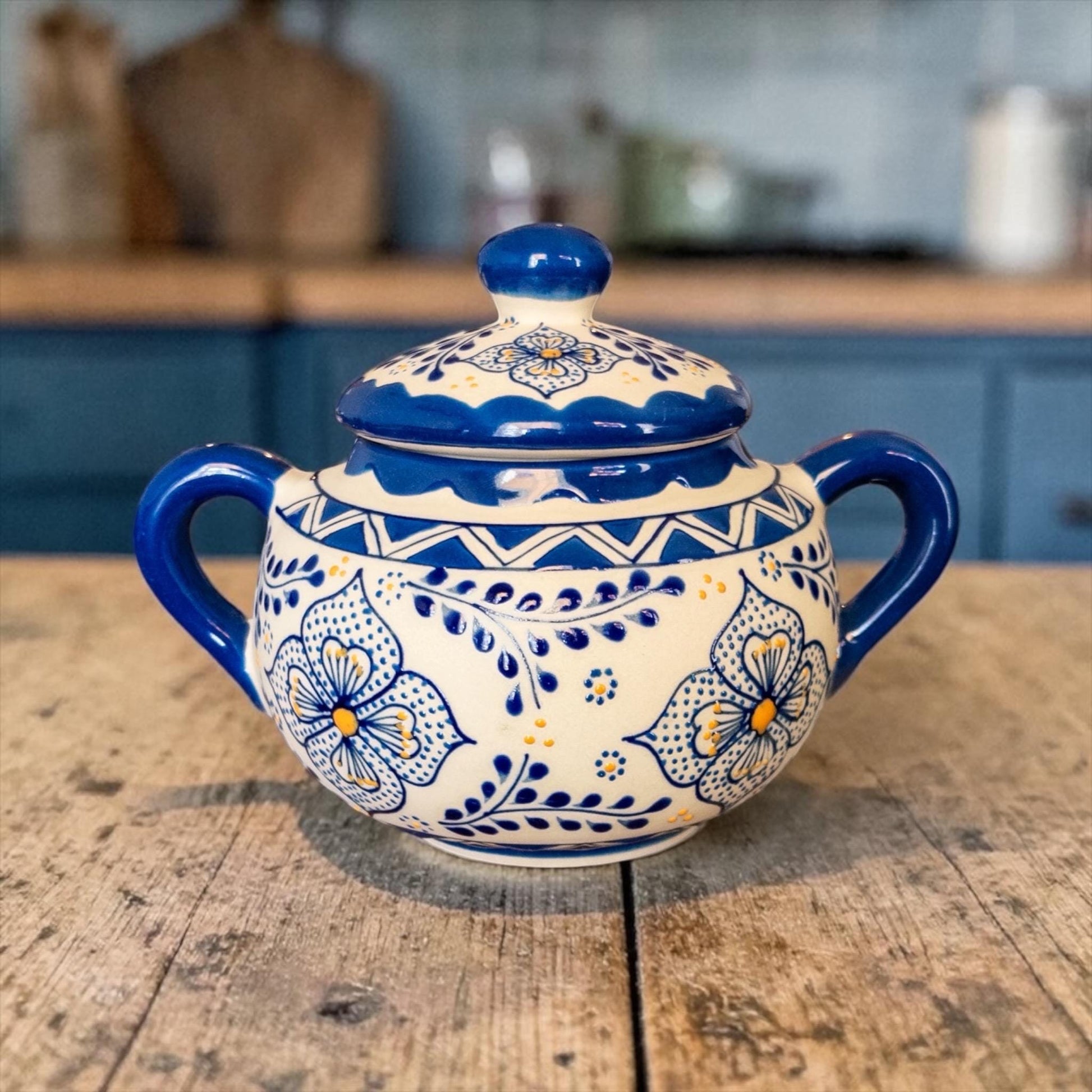 Cobalt blue Talavera sugar bowl side view - Mexican ceramic