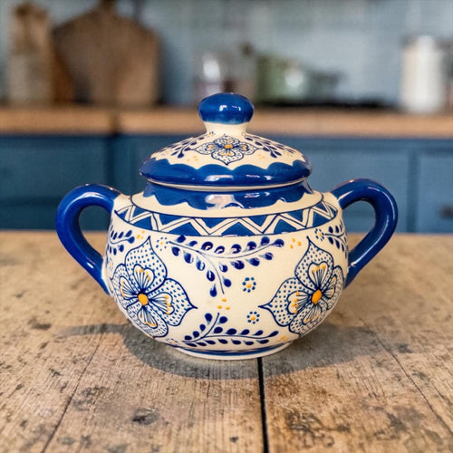 Cobalt blue Talavera sugar bowl side view - Mexican ceramic