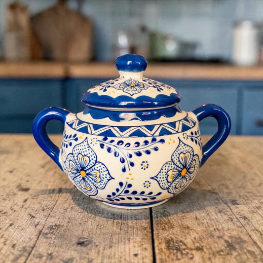 Cobalt blue Talavera sugar bowl side view - Mexican ceramic